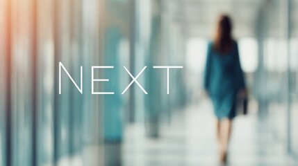 "NEXT" in soft lowercase font placed over blurred image of person walking confidently through glass office corridor, movement vibe