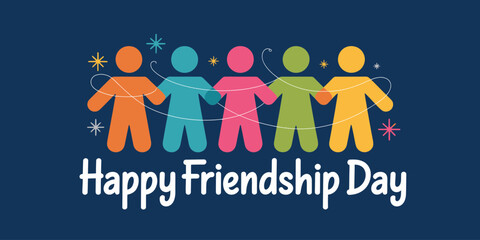 Friendship Day illustration with five colorful figures holding hands on dark blue background, celebrating unity, diversity, and joyful connection