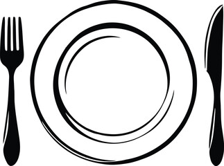A black and white illustration of a plate with a fork and knife on either side of the plate design