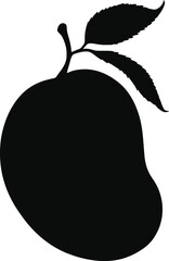 A black silhouette of a mango fruit with two leaves attached to the stem on a white background