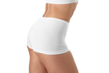 Fit woman with perfect body on white background, closeup