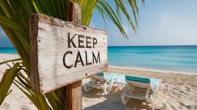 Relaxing beach scene with wooden signs reading "Keep Calm," suggesting tranquility and serenity on a tropical vacation