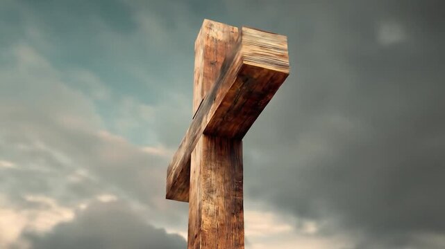 Wooden cross rotates against a dramatic sky, symbolizing faith, hope, sacrifice, spirituality, religion, and ascension - Powered by Adobe