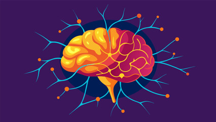 A bright and abstract depiction of a brain with each neuron and synapse distinctly highlighted showing the power of neurographic art to aid in. Vector illustration