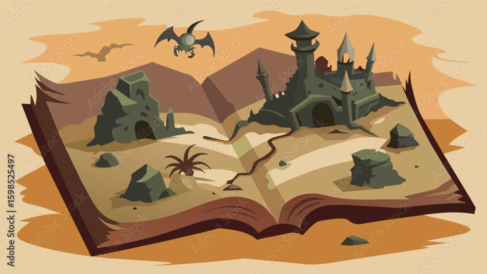 Poster a map of a postapocalyptic world with crumbling ruins and strange creatures drawn onto the pages of 