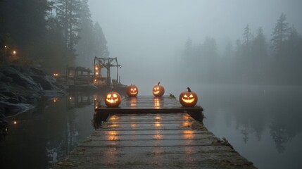 Fototapeta premium Lighted Pumpkins on Foggy Lake Dock at Night