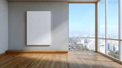 A large empty room with a white wall and a large window