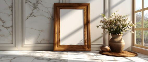 Fototapeta premium A large wooden frame with a white background sits in a room