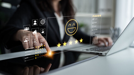 Customer feedback and satisfaction rating system showing star review, happy face, performance...
