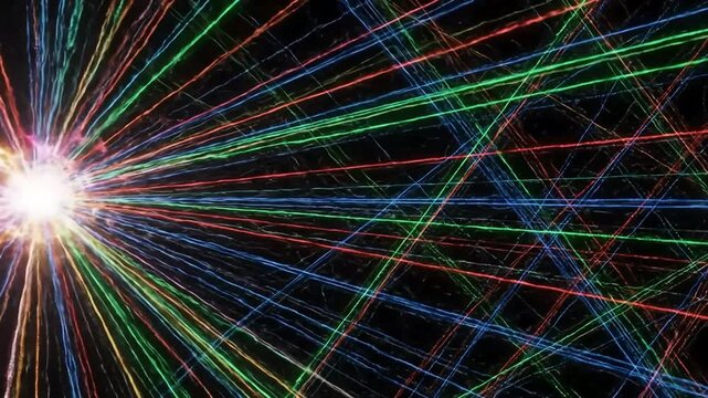 Bright colorful laser beams radiate outwards and crisscross forming an intricate glowing abstract grid of light a dynamic futuristic background perfect for moti