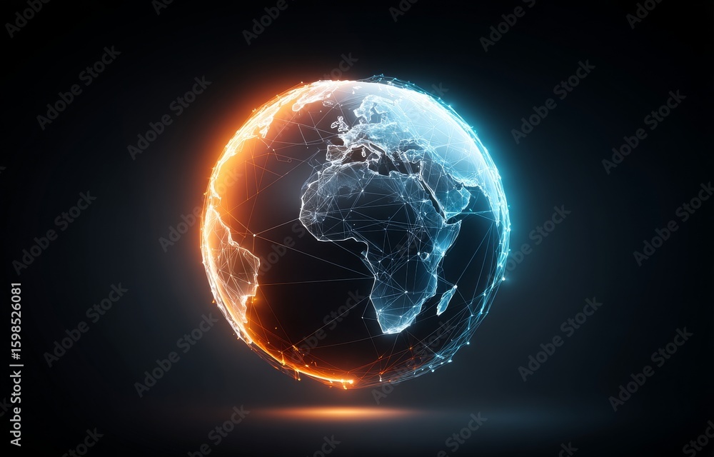 Poster a brilliant digital earth sits atop a dark foundation enveloped by a web of network lines and dazzli