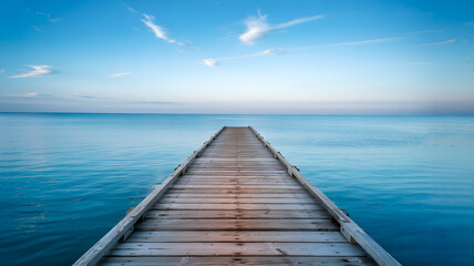Fototapeta premium Wooden pier extending into calm blue ocean under a serene sky