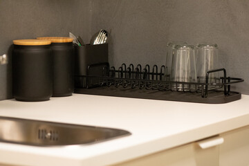 Modern compact kitchen accessories and organization details