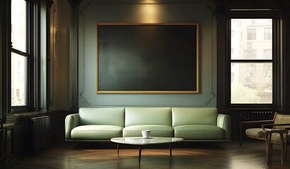 Fototapeta premium A living room with a green couch, a coffee table, and a blackboard