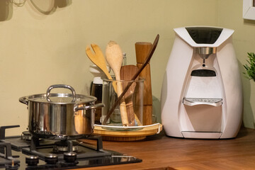 Modern compact kitchen accessories and organization details