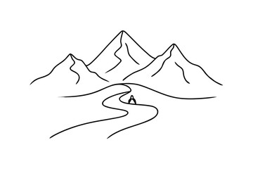 Minimalist line art a winding path leading to a mountain range trail