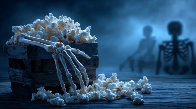 Spooky Skeleton Hand in Popcorn Box with Ghostly Figures