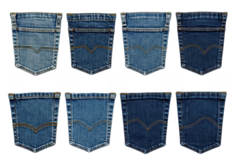 Collection of eight different blue denim jean back pockets isolated on transparent background