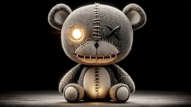 Creepy Stitched Teddy Bear with Glowing Eye in Dark Setting