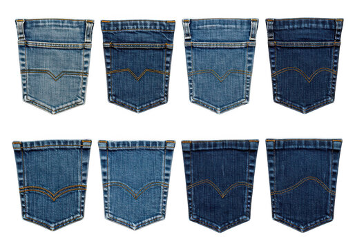 Collection of eight different blue denim jean back pockets isolated on transparent background