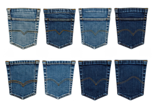 Collection of eight different blue denim jean back pockets isolated on transparent background