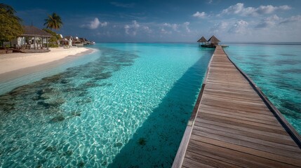 Fototapeta premium Wooden Pier Extending to Overwater Bungalows on a Tropical Island Beach