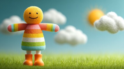 Obraz premium Smiling Knitted Toy in a Sunny Meadow