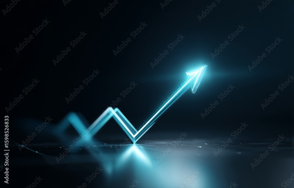 Poster a dark blue background serves as the setting for a white 3d bar graph rising upward, an upward-point