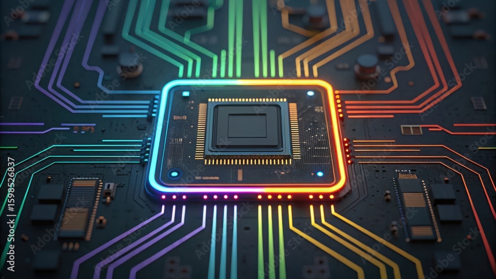 Poster high tech circuit board with glowing neon pathways and central processor