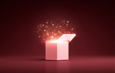 A gift box, red and open with a golden bow and ribbon, is surrounded by and filled with the sparkle of golden confetti