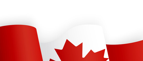 Close Up View of Waving Canadian Flag with Red Maple Leaf. Patriotic Banner with Copy Space. National Holiday Concept for Greeting and Invitation. Vector illustration