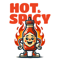 Hot and Spicy Character: A playful cartoon character of hot sauce, radiating a fiery charm, smiles amidst vibrant flames, embodying a deliciously bold flavor sensation.