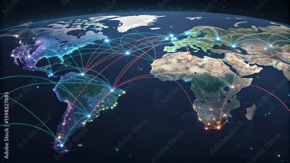 Poster global network connection over the world. internet concept of global business.world map with glowing