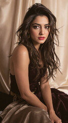 Naklejka premium Beautiful portrait of a woman with long, wavy dark hair and striking red lipstick, wearing a dark top