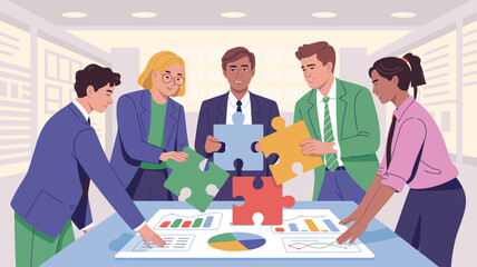Business team assembling colorful puzzle pieces over data charts, symbolizing strategic collaboration, problem-solving, and workplace synergy