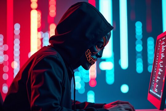 Ransomware Cyberpunk Photo Shoot: Hacker in Mysterious Mask Surrounded by Glowing Codes and Glitches