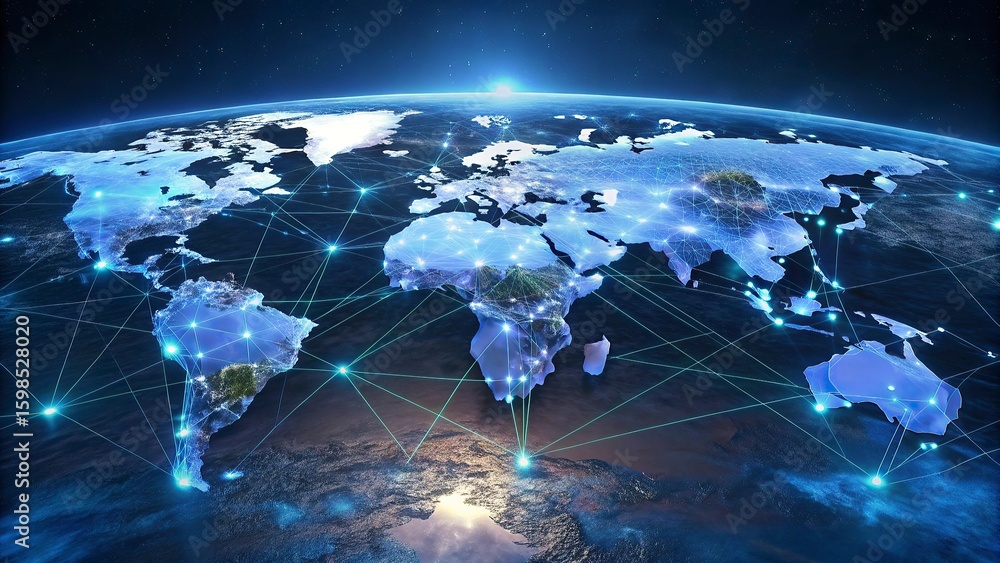 Poster global network connection over the world. internet concept of global business.world map with glowing
