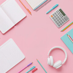 Flat View of Neatly Arranged School Supplies on Pastel Colored Background