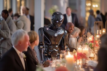 Elegant dinner party featuring a sleek humanoid robot server among sophisticated guests enjoying a candlelit ambiance
