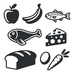 Nutritious Food Vector Collection A Diverse Selection of Healthy Eating Icons Featuring Fruits, Vegetables, Proteins, and Grains for Balanced Diet and Wellness