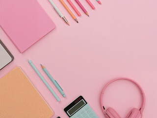 Flat View of Neatly Arranged School Supplies on Pastel Colored Background