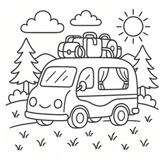 Smiling Camper Van in Nature &ndash; Coloring Page with Trees, Mountains, Sun, and Travel Adventure Scene