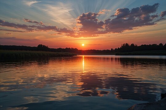 Peaceful Sunset Reflections on Calm Water in Silhouetted View