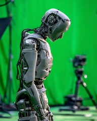 Advanced humanoid robot on green screen studio set ready for film production cinematic visual effects technology future
