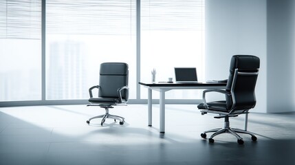 Empty office room with modern desk and chair.