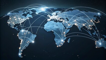 Global network connection over the world. Internet Concept of global business.World map with glowing lines on dark background. Network and communication concept. 3D Rendering	