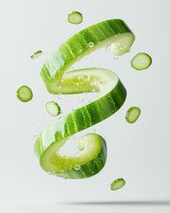 A dynamic and abstract image featuring thin slices of green cucumber arranged in a swirling, artistic pattern. The composition highlights freshness, natural ingredients