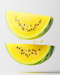 A clean, isolated image of a whole, perfectly ripe yellow melon, showcasing its smooth skin and vibrant color. The image emphasizes freshness, tropical fruit, and healthy eating