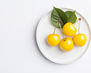 A clean and inviting close-up of vibrant yellow cherries arranged neatly on a simple plate. The image highlights the fruit's freshness, unique color, and delicious appeal, ideal for food-related theme