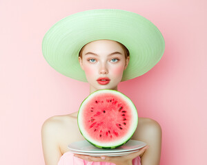 A close-up, artistic shot of a woman's profile (from the nose down) with vibrant lips, delicately holding a slice of fresh melon. The image focuses on natural beauty, healthy eating, and the refreshin